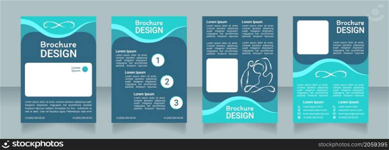 Meditation and yoga dark blank brochure design. Template set with copy space for text. Premade corporate reports collection. Editable 4 paper pages. Roboto Light, Medium, Itim Regular fonts used. Meditation and yoga dark blank brochure design