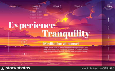 Meditation at sunset cartoon landing page, invitation to yoga experience on evening ocean beach. Purple clouds in sky above sea surface, nature landscape , dusk view. vector illustration, web banner. Meditation at sunset cartoon landing page, yoga