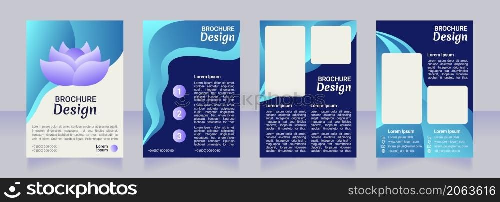 Meditation blue blank brochure design. Template set with copy space for text. Premade corporate reports collection. Editable 4 paper pages. Robot Medium, Light, Merienda Bold fonts useds. Meditation blue blank brochure design