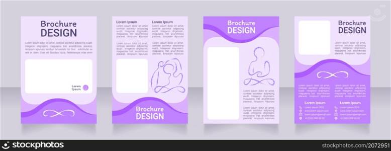 Meditation class purple blank brochure design. Template set with copy space for text. Premade corporate reports collection. Editable 4 paper pages. Roboto Light, Medium, Itim Regular fonts used. Meditation class purple blank brochure design