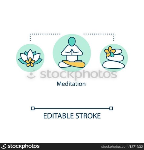 Meditation concept icon. Mindfulness idea thin line illustration. Inner calm practice. Stress reduction. Alternative, complementary medicine. Vector isolated outline RGB color drawing. Editable stroke