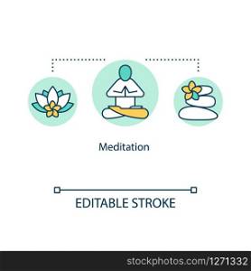 Meditation concept icon. Mindfulness idea thin line illustration. Inner calm practice. Stress reduction. Alternative, complementary medicine. Vector isolated outline RGB color drawing. Editable stroke