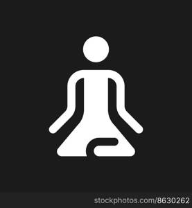 Meditation dark mode glyph ui icon. Lotus position. Calmness and harmony. User interface design. White silhouette symbol on black space. Solid pictogram for web, mobile. Vector isolated illustration. Meditation dark mode glyph ui icon