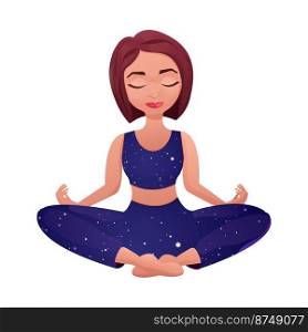 Meditation female character sitting in lotus pose, back view in cartoon style isolated on white background. Vector illustration