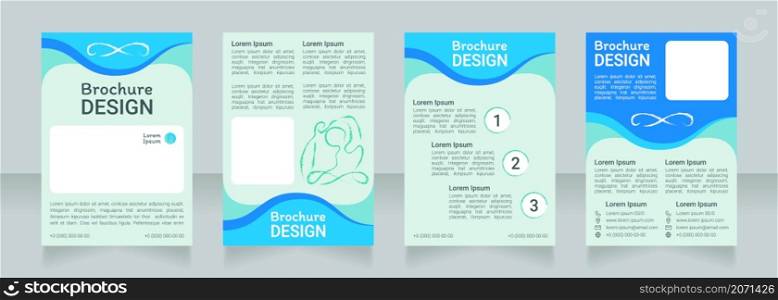 Meditation for wellness blue blank brochure design. Template set with copy space for text. Premade corporate reports collection. Editable 4 paper pages. Roboto Light, Medium, Itim Regular fonts used. Meditation for wellness blue blank brochure design