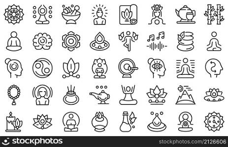 Meditation icons set outline vector. Happy yoga. Spiritual nature. Meditation icons set outline vector. Happy yoga