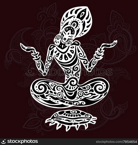 Meditation lotus pose. Tattoo style.. Yoga Meditation lotus pose. Hand Drawn Illustration. Polynesian style tattoo.