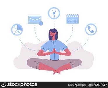 Meditation lotus position woman work and rest balance. Meditation practice for successful time management vector illustration. Woman mental health and harmony. Relaxation during break. Meditation lotus position woman work and rest balance. Meditation practice for successful time management vector illustration. Woman mental health