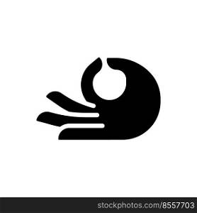 Meditation mudra black glyph icon. Touching thumb and index fingers. Italian hand gesture. Body language. Silhouette symbol on white space. Solid pictogram. Vector isolated illustration. Meditation mudra black glyph icon