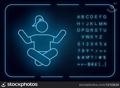 Meditation neon light icon. Yoga practice. Relaxation and rest. Spirituality and tranquility. Lotus position. Glowing sign with alphabet, numbers and symbols. Vector isolated illustration