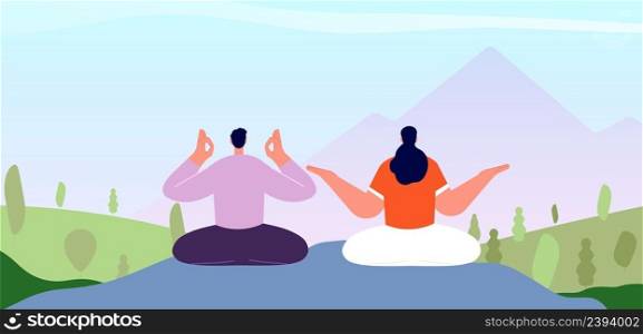 Meditation on nature. Man woman sitting on mountain. Relax on park, vacation or mind cleaning. Health wellbeing vector concept. Illustration of meditation on nature, relax and health. Meditation on nature. Man woman sitting on mountain. Relax on park, vacation or mind cleaning. Health wellbeing vector concept