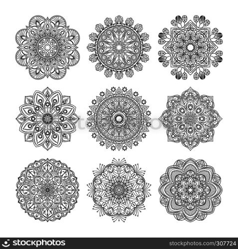 Meditation pattern. Vector illustration of indian mandalas set isolated. Yoga concept. Collection of mandalas black pattern. Meditation pattern. Vector illustration of indian mandalas set isolated. Yoga concept