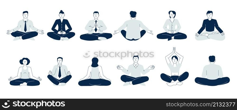 Meditation people. Woman balancing, take calm on job. Business characters sitting on lotus pose. Mind health and wellbeing, relaxers recent vector set. Balance lifestyle, relax and wellbeing. Meditation people. Woman balancing, take calm on job. Business characters sitting on lotus pose. Mind health and wellbeing, relaxers recent vector set