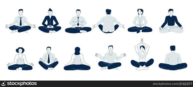 Meditation people. Woman balancing, take calm on job. Business characters sitting on lotus pose. Mind health and wellbeing, relaxers recent vector set. Balance lifestyle, relax and wellbeing. Meditation people. Woman balancing, take calm on job. Business characters sitting on lotus pose. Mind health and wellbeing, relaxers recent vector set
