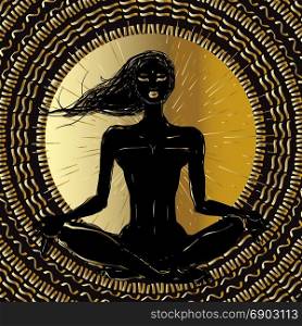 Meditation. Silhouette young woman.. Silhouette young woman. Hand drawn poster. Meditation in lotus pose. Padmasana silhouette of girl.