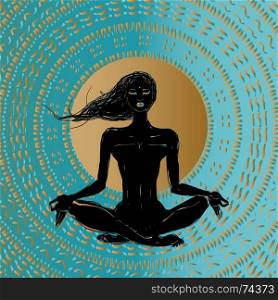 Meditation. Silhouette young woman.. Silhouette young woman. Hand drawn poster. Meditation in lotus pose. Padmasana silhouette of girl.