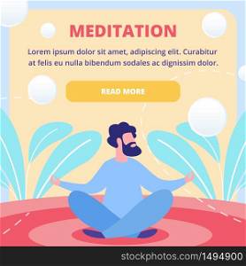 Meditation Techniques Courses, Eastern Spiritual Practices School, Mental Health Service Flat Vector Square Web Banner or Landing Page Template with Bearded Man Sitting in Lotus Pose Illustration