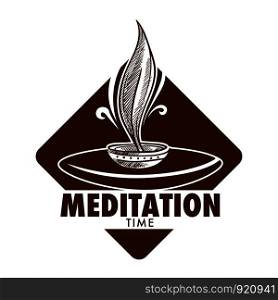 Meditation time, plate with aroma smoke, relaxation methods vector. Tranquility and peacefulness, relieving of stress and depression, enlightenment and harmony with surrounding world rituals. Meditation time, plate with aroma smoke, relaxation methods