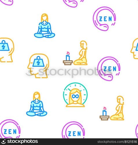 Meditation Wellness Occupation Vector Seamless Pattern Color Line Illustration. Meditation Wellness Occupation Icons Set Vector