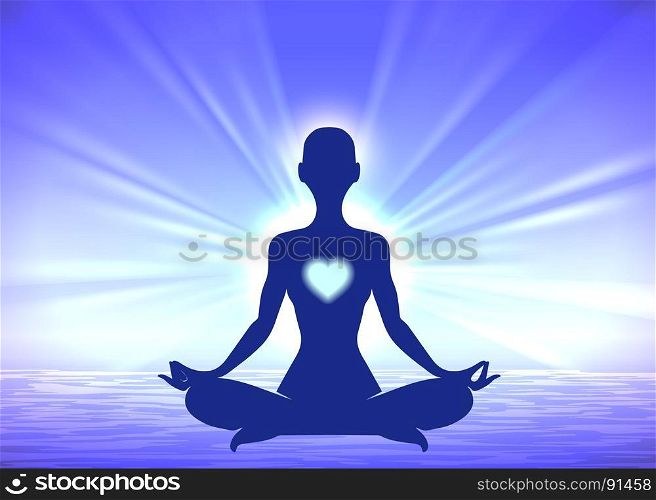 Meditation woman silhouette on blue background. Meditation yoga woman silhouette on blue sunrise background, vector illustration