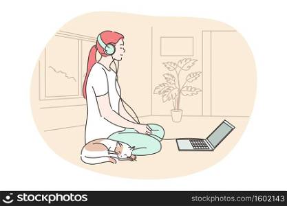 Meditation, yoga, relax concept. Young smiling calm woman cartoon character on floor with headphones listening music and dreaming. Home reacreation at quarantine and leisure time mental relaxation. . Meditation, yoga, relax concept