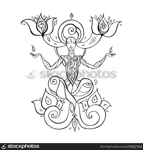 Meditation. Yoga Silhouette.. Yoga Silhouette. Hand drawn vector illustration. Meditation in lotus pose Padmasana