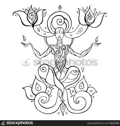 Meditation. Yoga Silhouette.. Yoga Silhouette. Hand drawn vector illustration. Meditation in lotus pose Padmasana