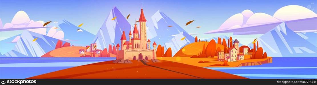 Mediterranean autumn landscape with medieval castle and town buildings at scenery background. Fairy tale kingdom with palace and cottages surrounded with mountains and sea, Cartoon vector illustration. Mediterranean autumn landscape medieval castle