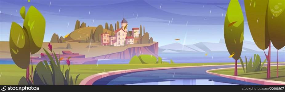 Mediterranean city on hill in sea harbor in rain. Vector cartoon illustration of summer landscape with town on island, road, green grass and trees at rainy weather. Mediterranean city on hill in sea harbor in rain