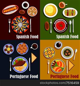 Mediterranean cuisine flat icon with spanish gazpacho, mussels with vegetables, tortilla egg omelette and portuguese cod fish, empanadas, green broth soup, egg tarts and strong coffee. Portuguese and spanish national cuisine