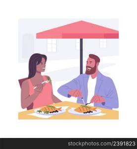 Mediterranean cuisine isolated cartoon vector illustrations. Happy couple eating out in a Greek restaurant together, fish and olives on the table, mediterranean cuisine dinner vector cartoon.. Mediterranean cuisine isolated cartoon vector illustrations.
