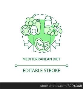 Mediterranean diet green concept icon. Mediterranean cuisine. Trendy diets abstract idea thin line illustration. Isolated outline drawing. Editable stroke. Arial, Myriad Pro-Bold fonts used. Mediterranean diet green concept icon