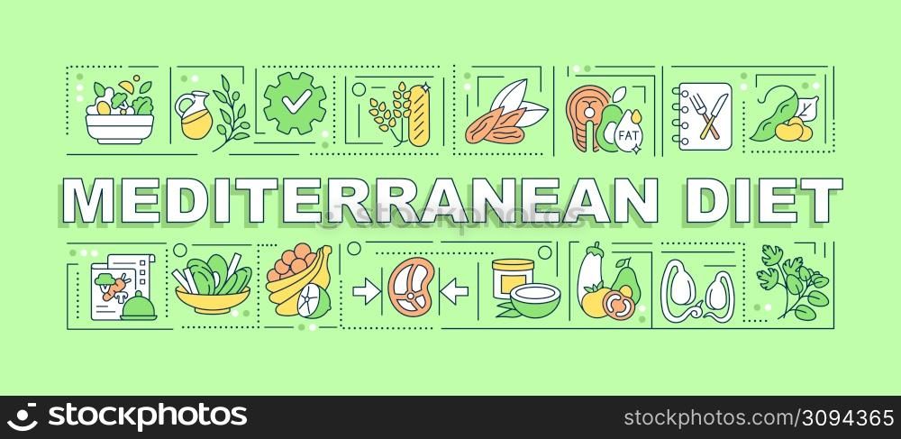 Mediterranean diet word concepts green banner. Trendy and healthy nutrition. Infographics with icons on color background. Isolated typography. Vector illustration with text. Arial-Black font used. Mediterranean diet word concepts green banner