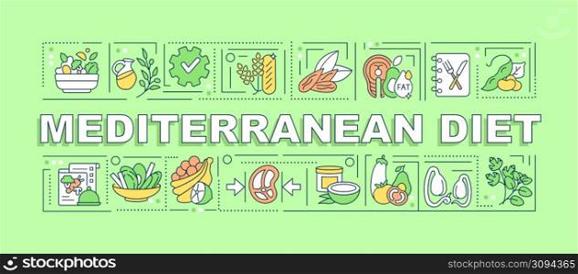Mediterranean diet word concepts green banner. Trendy and healthy nutrition. Infographics with icons on color background. Isolated typography. Vector illustration with text. Arial-Black font used. Mediterranean diet word concepts green banner