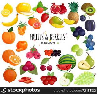 Mediterranean fruits and fresh farmers market berries mix colorful 30 icons composition white background poster vector illustration . Fruits Berries Composition Background Poster