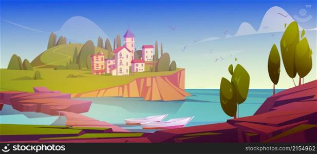 Mediterranean landscape stone houses at sea coast with moored boats, mountains and green trees under blue clear sky. Scenery summer panorama, beautiful scenic nature, Cartoon vector illustration. Mediterranean landscape stone houses at sea coast