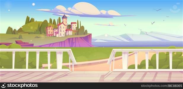 Mediterranean landscape with ancient buildings on hill at sea cliff view from wooden terrace with porch and fencing. Summer panorama with old town and blue sky at coast, Cartoon vector illustration. Landscape with ancient buildings view from terrace