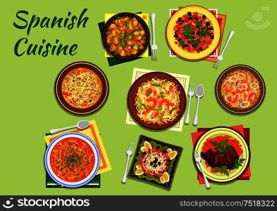 Mediterranean spanish cuisine with andalusian seafood paella and bean soup fabada, shrimp and squid noodles, sausage and bean soup, potato salad and beefsteak, baked vegetables with ham and tuna salad. Seafood and meat dishes of spanish cuisine