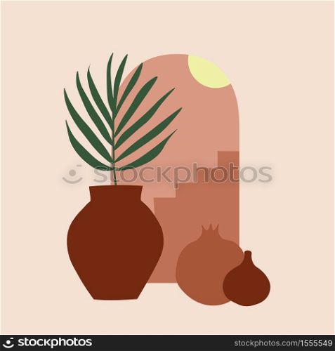 Mediterranean structure, dwelling, house. Elements of architecture and interior design. The southern landscape. Flat vector illustration