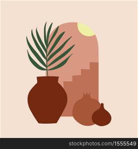 Mediterranean structure, dwelling, house. Elements of architecture and interior design. The southern landscape. Flat vector illustration