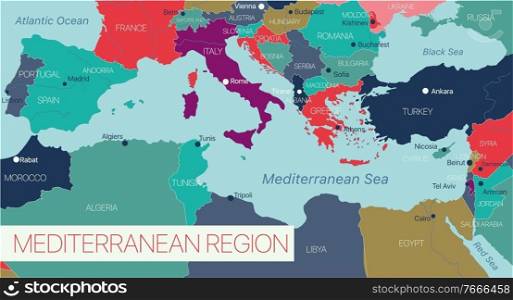 Mediterranian sea region detailed editable map with countries capitals. Vector EPS-10 file. Mediterranian sea region detailed editable map