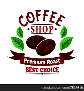 Medium roasted coffee beans of brazilian arabica cartoon badge. For coffee shop or cafe design usage decorated by green leaves of coffee tree and wavy ribbon banner. Coffee beans of brazilian arabica badge design
