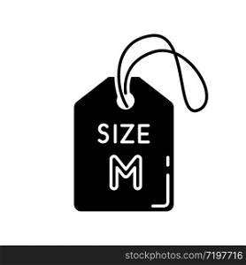 Medium size label black glyph icon. Clothing parameters information silhouette symbol on white space. Descriptive tag with M letter, average size apparel specification. Vector isolated illustration