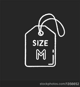 Medium size label chalk white icon on black background. Clothing parameters information. Descriptive tag with M letter, average size apparel specification. Isolated vector chalkboard illustration