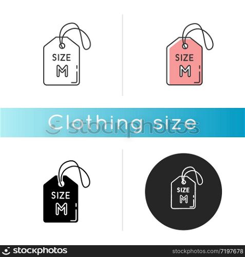 Medium size label icon. Linear black and RGB color styles. Clothing parameters information. Descriptive tag with M letter, average size apparel specification. Isolated vector illustrations