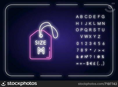 Medium size label neon light icon. Outer glowing effect. Clothing parameters information sign with alphabet, numbers and symbols. Tag with M letter. Vector isolated RGB color illustration