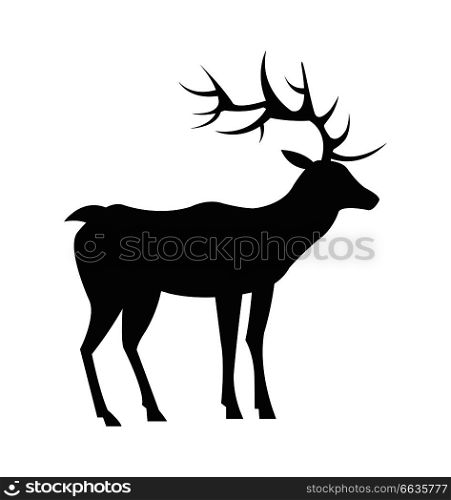 Medium-sized adult male deer colorless black silhouette with long antlers and short tail isolated vector illustration on white background, view from Left. Medium-Sized Adult Male Deer Colorless Black Icon
