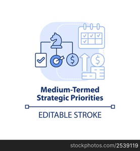 Medium termed strategic priorities light blue concept icon. Budget planning abstract idea thin line illustration. Isolated outline drawing. Editable stroke. Arial, Myriad Pro-Bold fonts used. Medium termed strategic priorities light blue concept icon