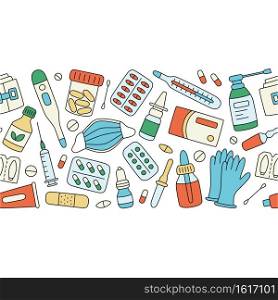 Meds, drugs, pills, bottles and health care medical elements. Color vector illustration in doodle style on white background. Meds, drugs, pills, bottles and health care medical elements. Color seamless pattern