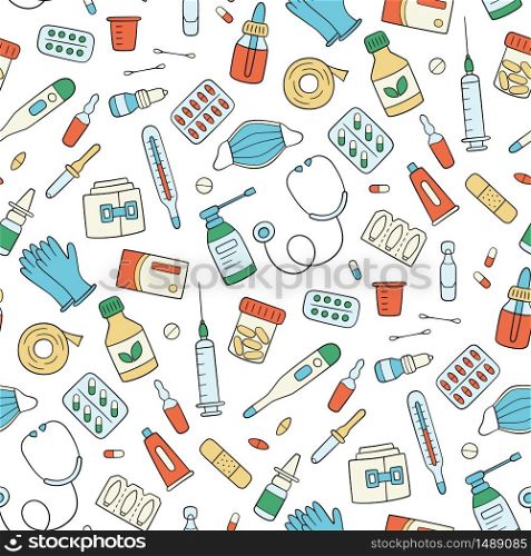 Meds, drugs, pills, bottles and health care medical elements. Color seamless pattern. Vector illustration in doodle style on white background. Meds, drugs, pills, bottles and health care medical elements. Color seamless pattern